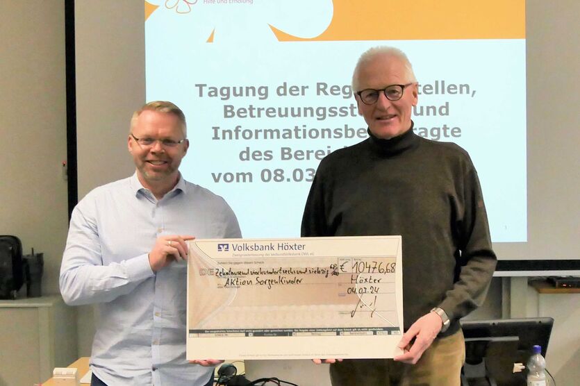 Heiner Wiemers-Meyer (re.) übergibt den symbolischen Spendenscheck an Marcus Sigge. 
